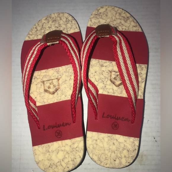 LOULUEN Flip Flop Thong Sandals Red  Tan Womens Sz 5.5 / 36 Beach Slip On NWOT - Picture 4 of 9